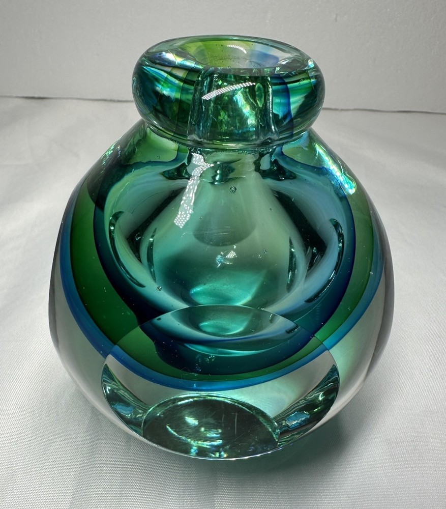 Vintage Sommerso Murano Green Blue Faceted  Art Glass Vase Candle Holder
