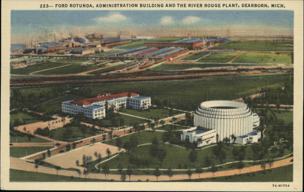 Dearborn MI Ford Rotunda Rouge River Plant Administration bldg linen postcard
