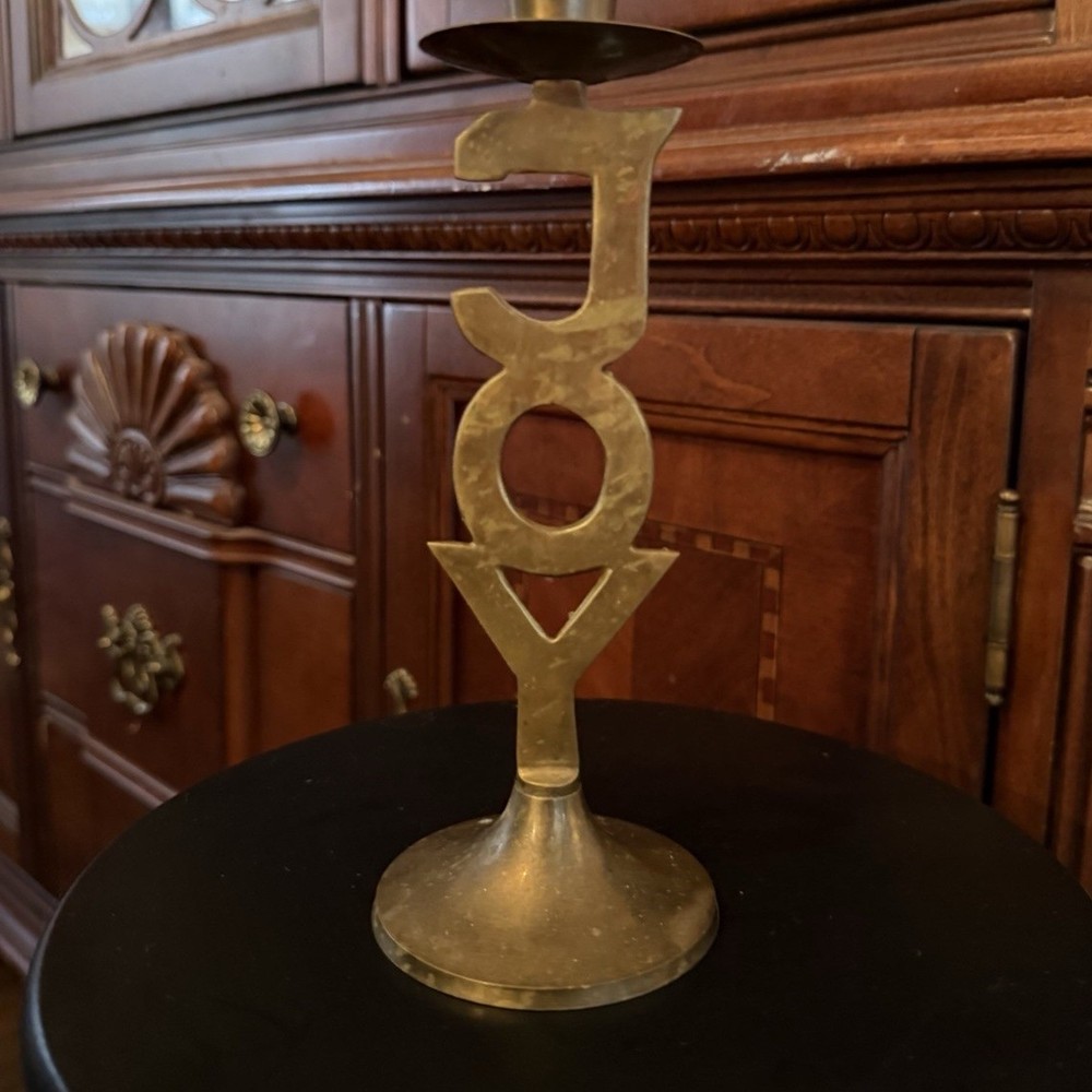 Vintage Solid Brass JOY Candlestick Holder Mid Century Inspirational Decor