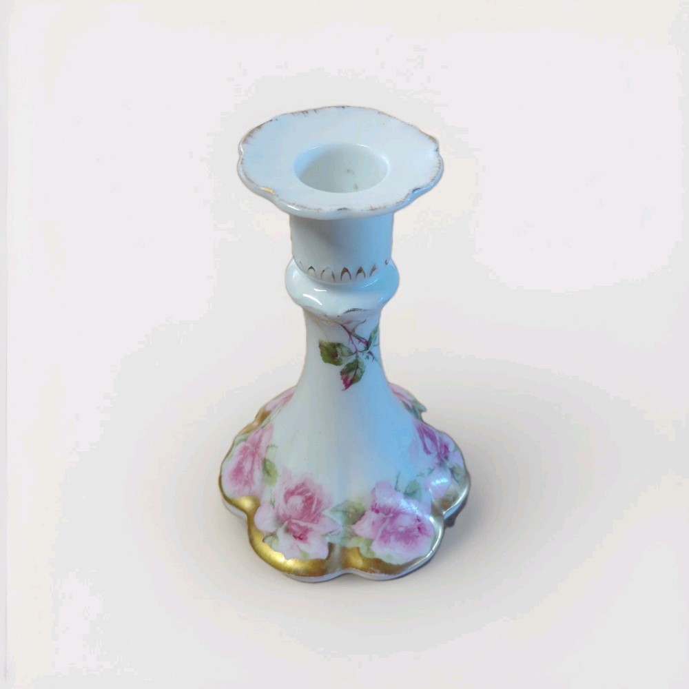 Vintage Japan Porcelain Candlestick Holder Pink Roses Gold Trim Floral Shabby...