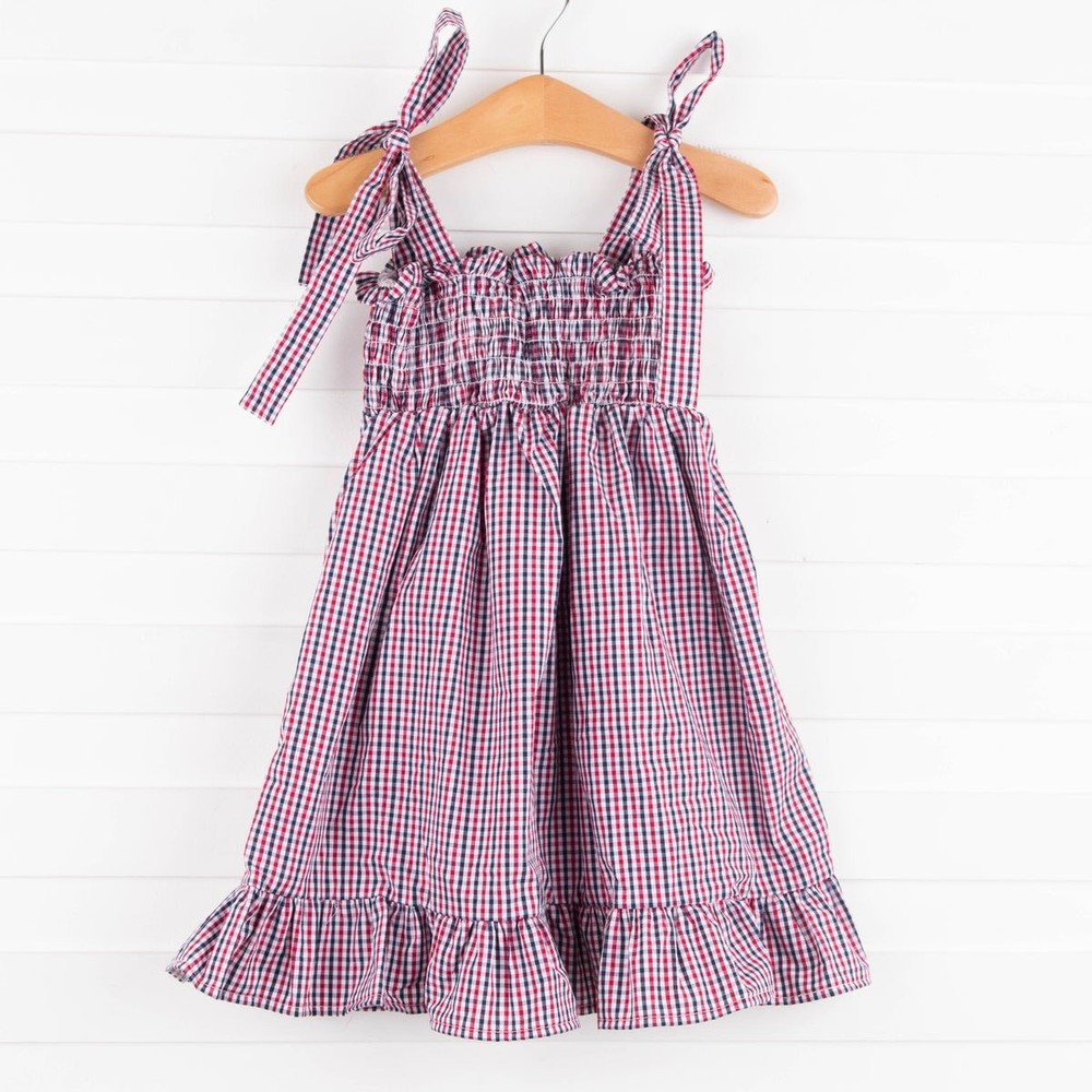 Stitchy Fish Dress Girls 5 Red Blue Gingham Smocked Tie Strap Sundress Cotton