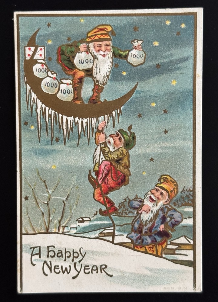 Antique New Year Postcard Gnomes Crescent Moon Money Bags Embossed 1913