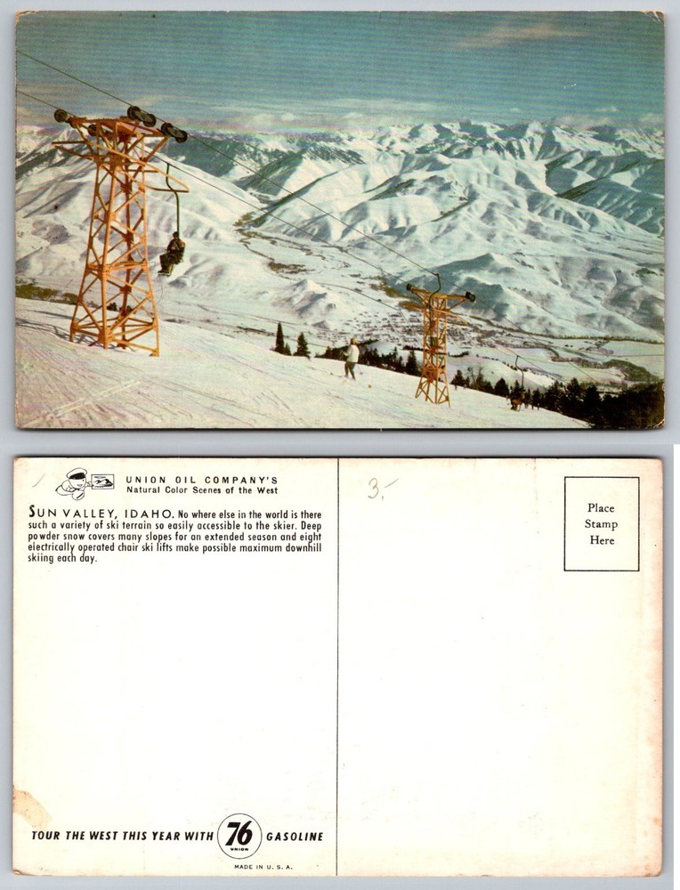 Vintage Sun Valley Idaho Ski Resort Chairlift Postcard Union 76 Gasoline
