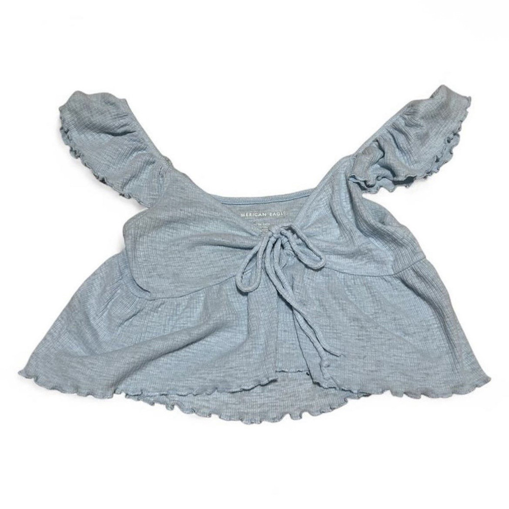 American Eagle Women’s Blue Solid Knit Ruffle Tie-Front Scoop Neck Crop Top XS