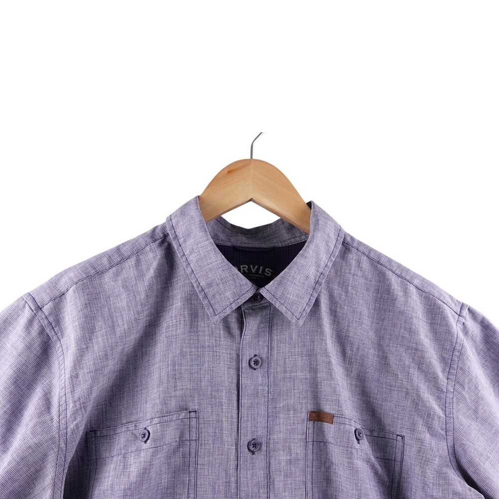 Orvis Mens XL Short Sleeve Button Up Shirt Purple Plaid Casual Outdoor Hiking