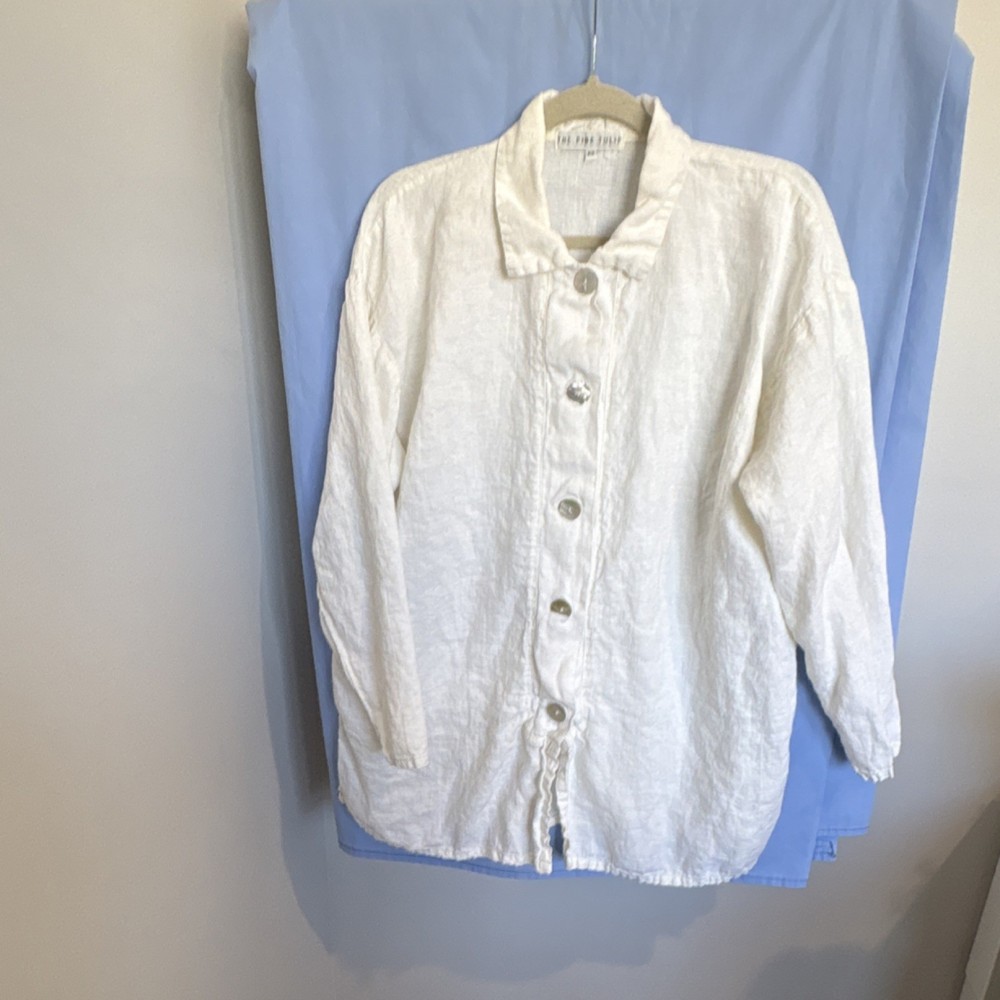 The Pink Tulip Women's 100% Linen Button-Up Blouse White Long Sleeve 2 EZ