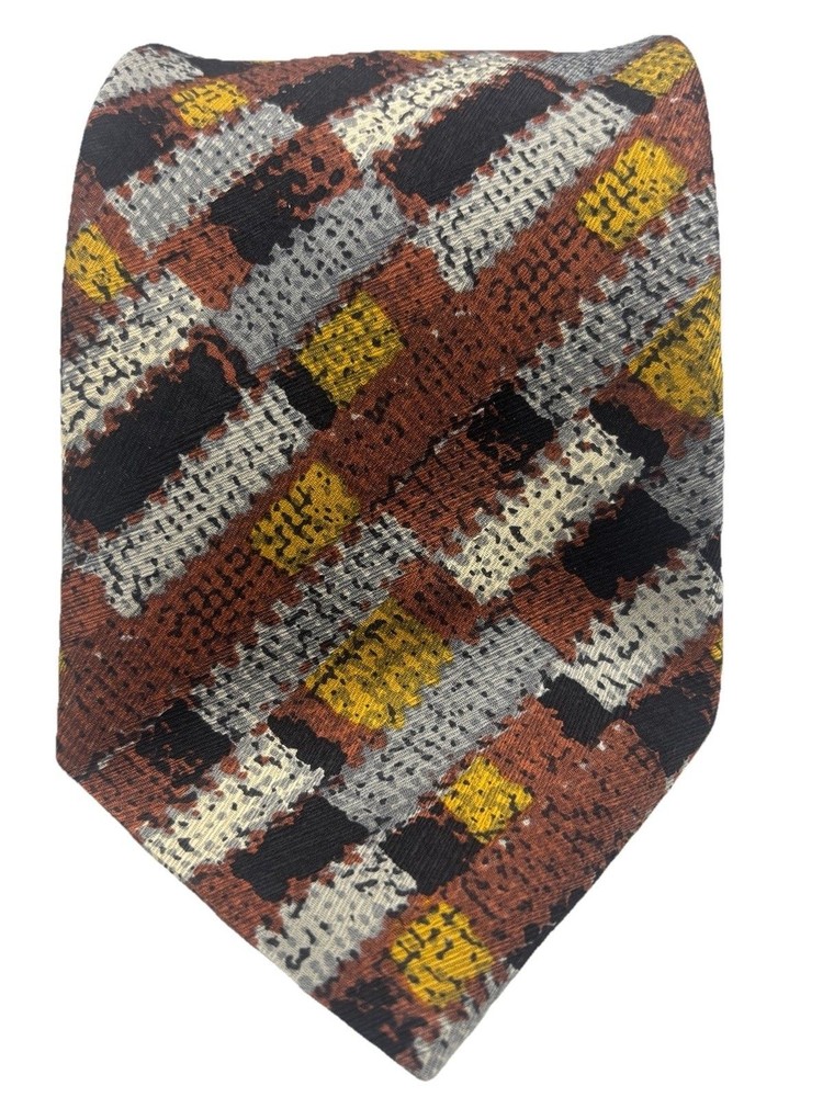 VTG Missoni Cravatte Silk Tie Made In Italy Abstract Geometric Patchwork Brown