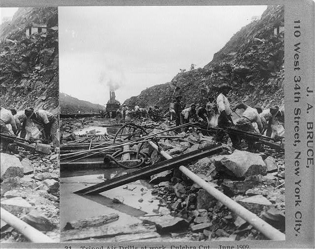 Tripod air drills at work,Culebra Cut,Panama Canal Construction,June 1909