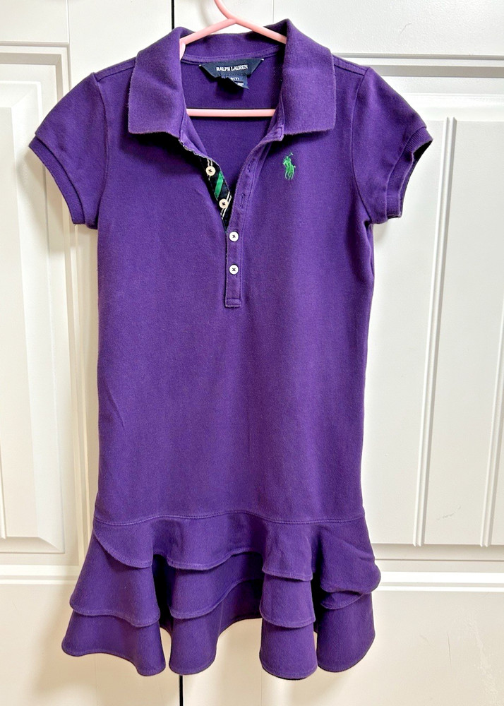 Ralph Lauren Girls Ruffle Skirt Short Sleeve Purple Polo Dress Green Pony Sz S 7