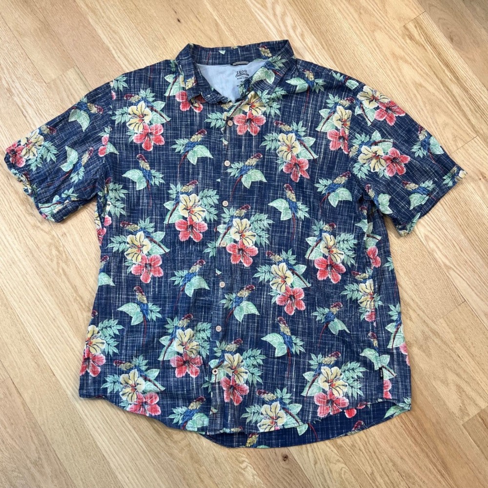 IZOD Saltwater Shirt Men's 2XLT Tall Blue Tropical Parrot Hibiscus Cotton Button