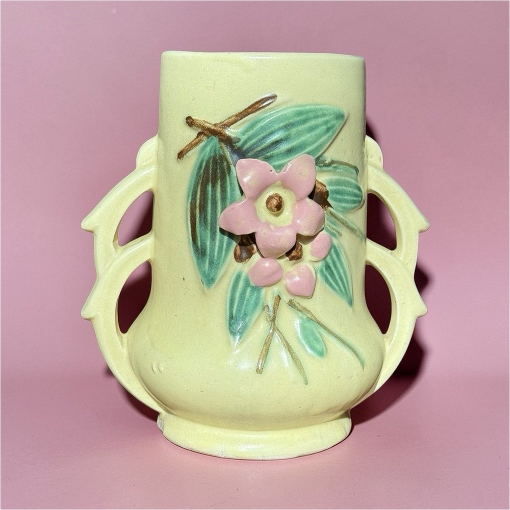 Ceramic Vase Yellow Pink Green Floral Botanical Glossy Decorative Pottery