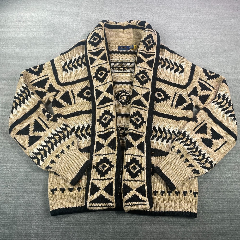 Polo Ralph Lauren Sweater Women M Aztec Knit Cardigan Western Shawl Linen Wool