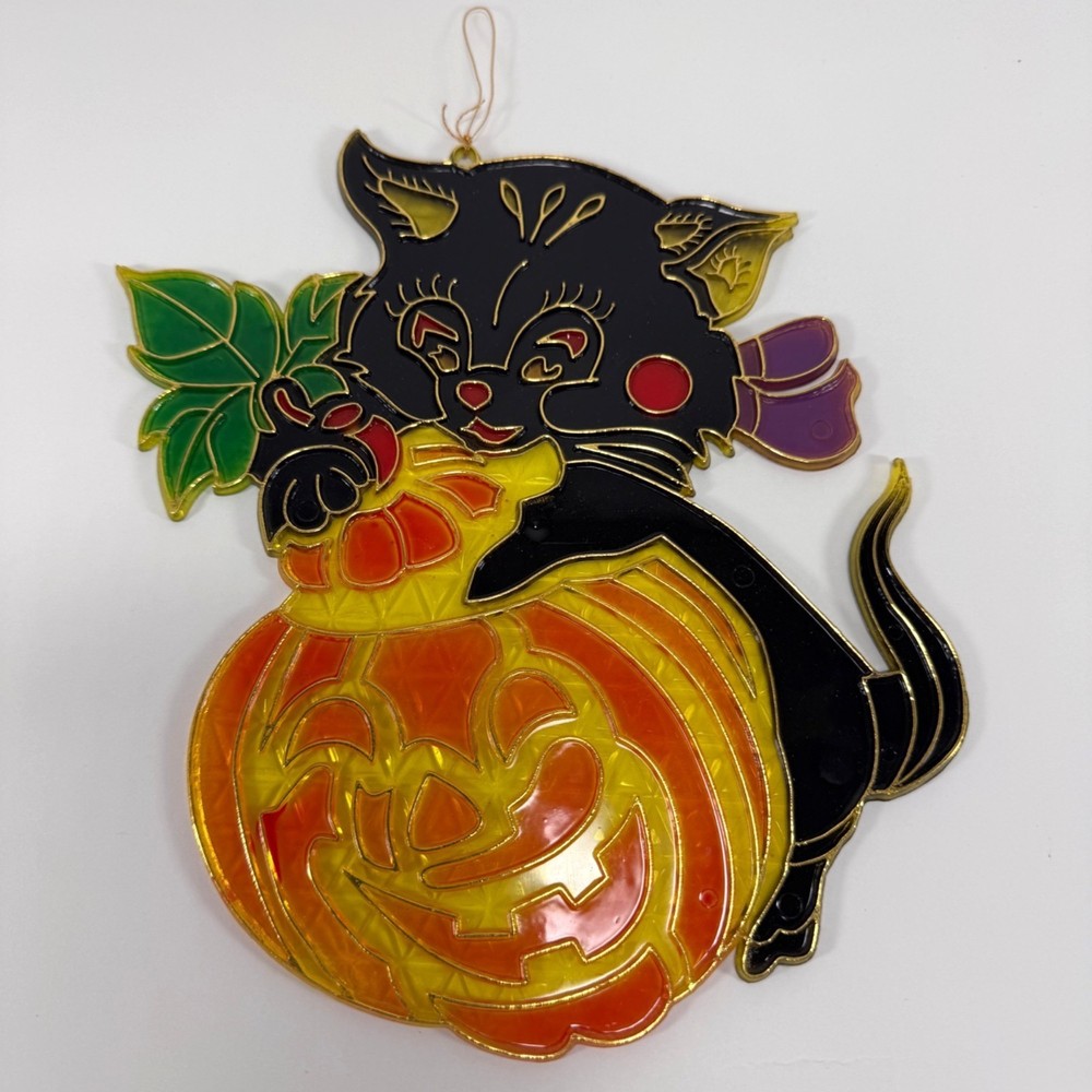 Vintage Halloween Suncatcher Black Cat Pumpkin Window Decoration