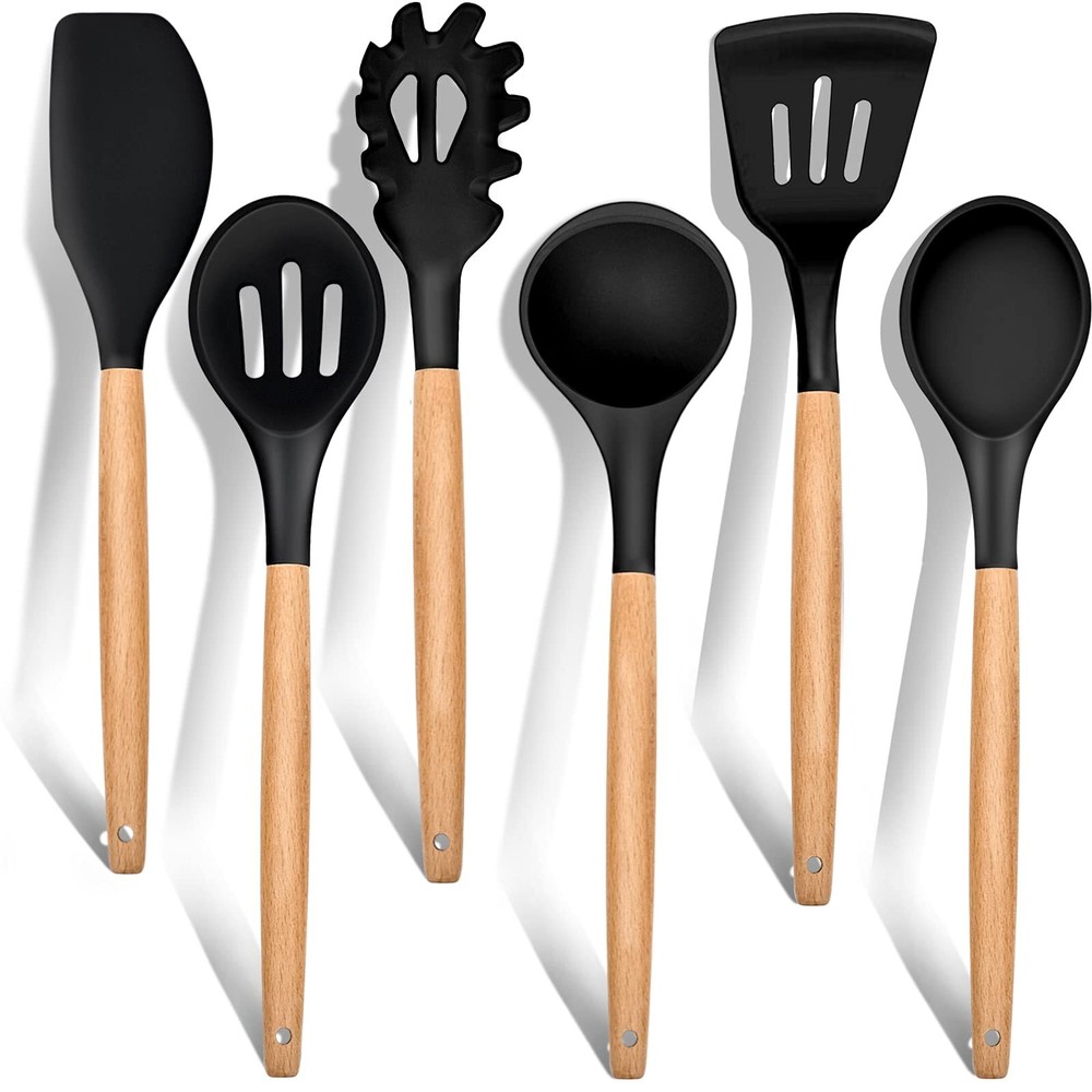 Cooking Utensils Set of 6 Silicone Kitchen Utensils with Wooden Handle Non-Stick