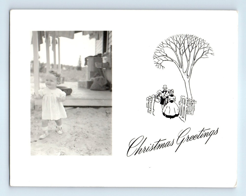 Old Vintage Photo TODDLER GIRL OUTSIDE HOUSE CHRISTMAS GREETING FOUND PICTURE