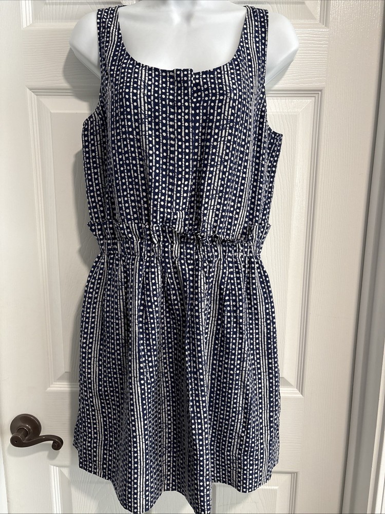 Women’s Madewell Silk Lined Paperbag Tank Dress Blue/White Batik W/ Pockets, 4