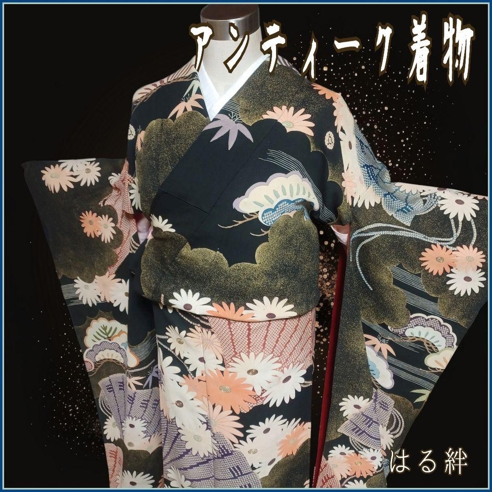 Vintage Antique Furisode Kimono Black Silk Taisho Roman Wedding Used, Classic 66