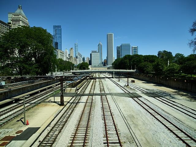 Railroad tracks leading downtown Chicago, largest city Illinois historic photo