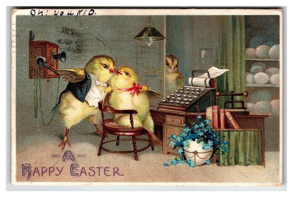 Vintage Easter Postcard Fantasy Dressed Chicks Kissing in Office Antique 1910