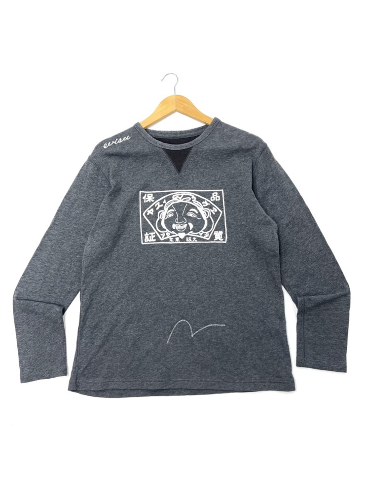 Evisu Men's Long Sleeve Shirt Grey Melange Graphic Ebisu God Japan, Size M