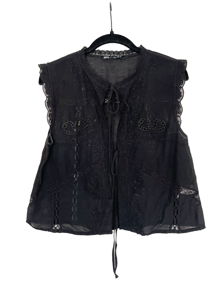 Zara Blouse Womens Small Sleeveless Blouse Front Double Tie Top Black