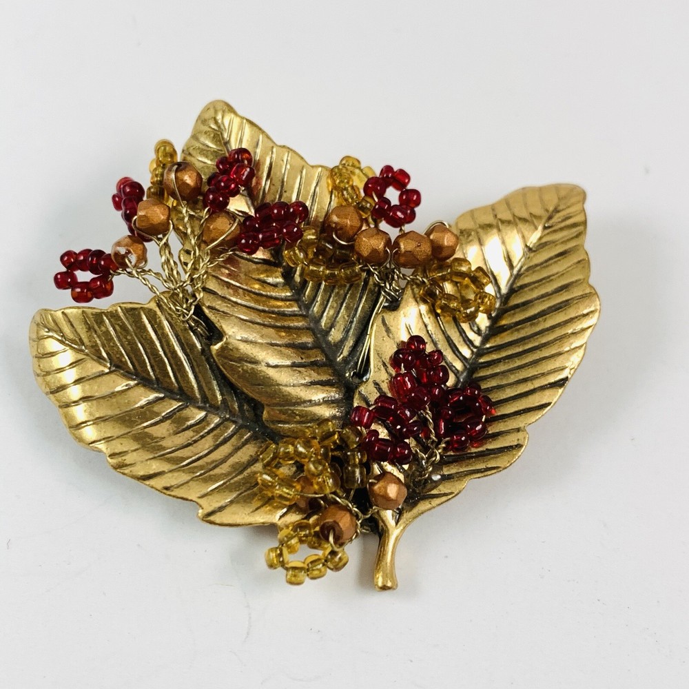 Vintage COLDWATER CREEK Signed Seed Bead Flower Leaf Gold Tone Brooch