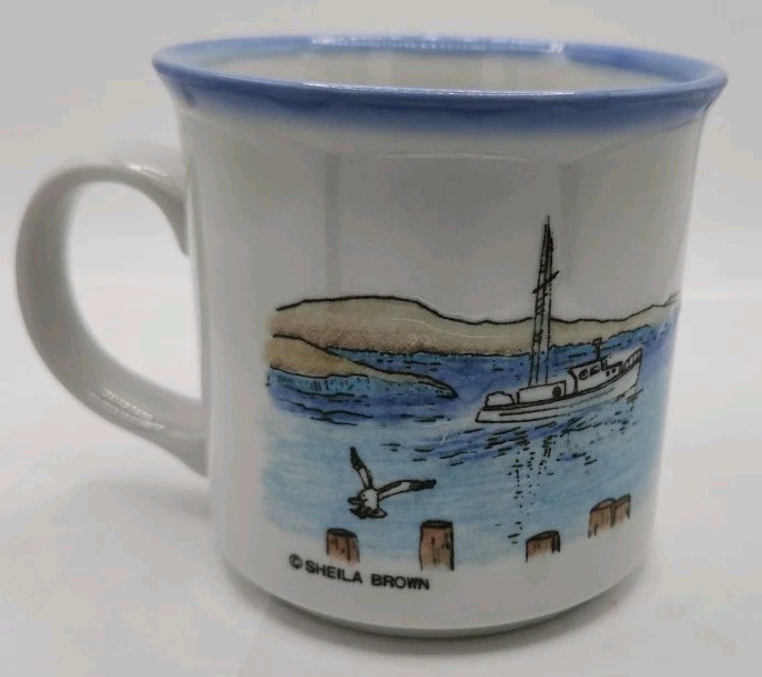 EUC Otagiri Japan Coffee Mug designed by Sheila Brown Boats in Water Dock Birds