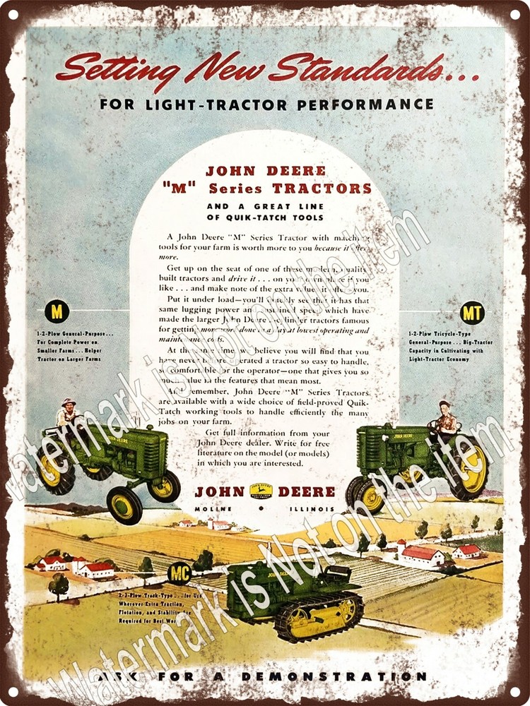 1950 John Deere Models M MT MC Track Crawler Tractor Metal Sign 9x12