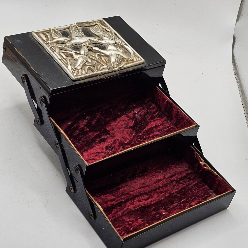 Vintage Black Metal Three-Tiered Jewelry Box with Flying Duck Bird Detailing