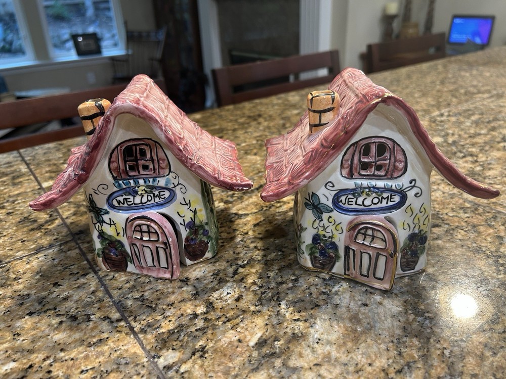 Blue Sky Clayworks (2) Welcome House Tea Light Candle Heather Goldminc Signed 5”