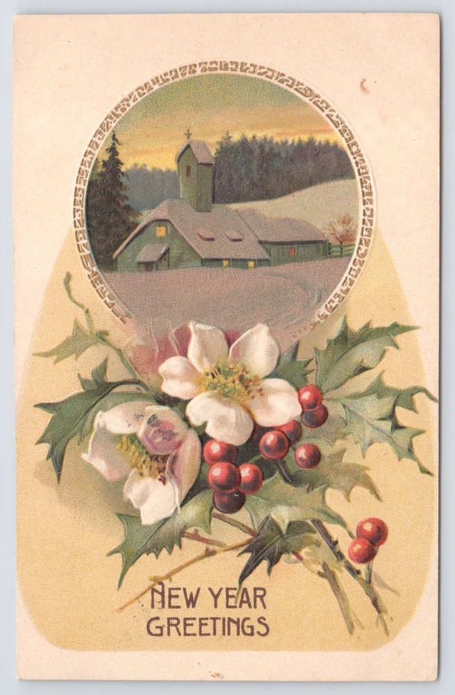 Holiday~Church In Circle Frame Flowers & Holly New Year~Vintage Postcard