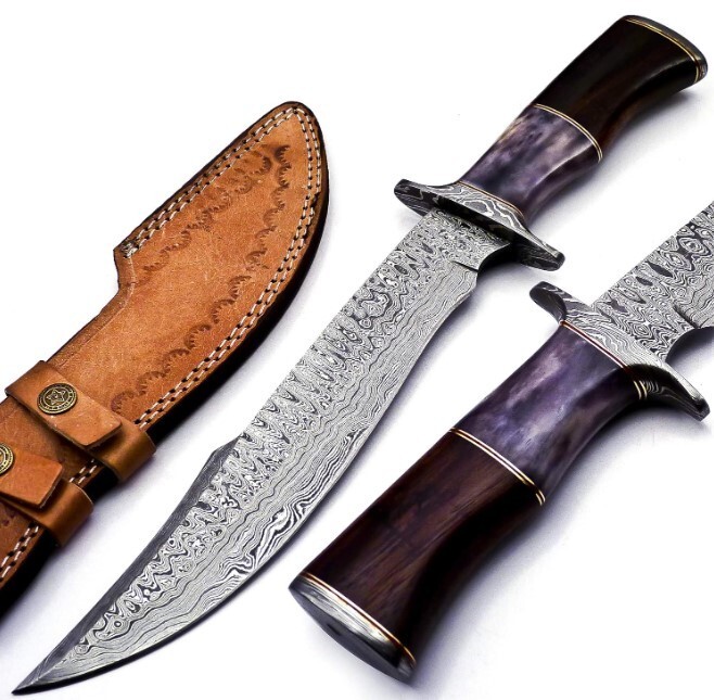 Custom Handmade Damascus Steel Bowie Knife with Marindi Wood Handle With Sheath