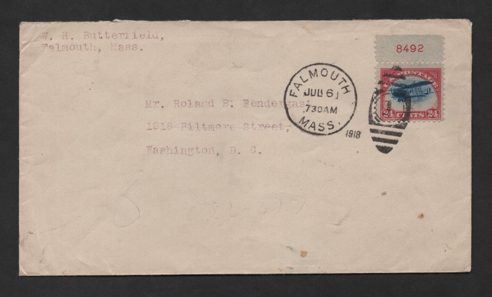 US 1918 GOVERNMENT EXPERIMENTAL MAIL FLIGHT FALMOUTH, MASS. TO WASHINGTON D.C.