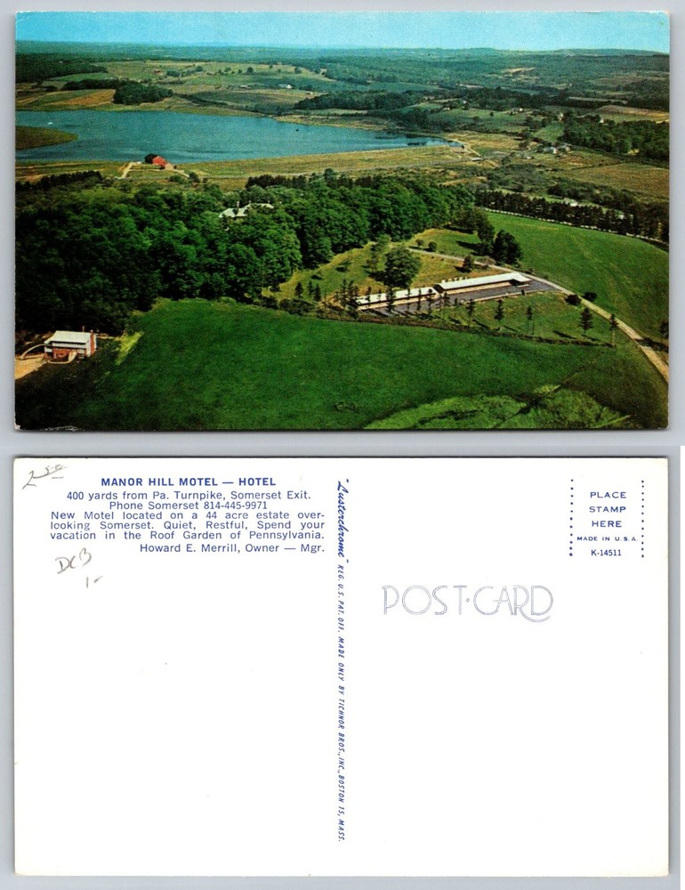 Manor Hill Motel Hotel Somerset Pennsylvania Lusterchrome Postcard PA