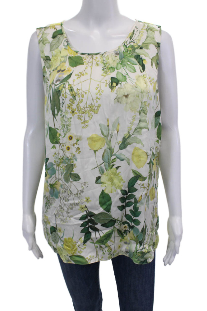 Classiques Entier Womens Scoop Neck Floral Printed Silk Top White Green LargeFree Shipping in US $100+ Orders | $6.95 Orders Below