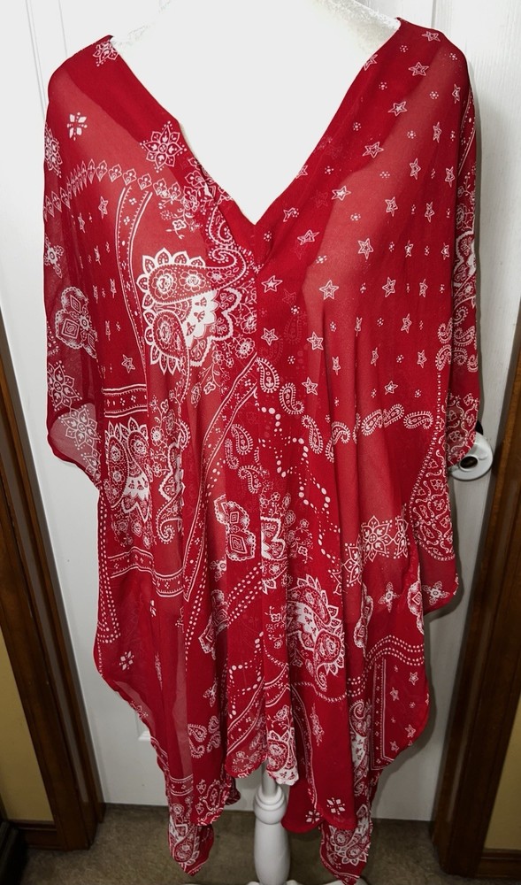(READ) Lane Bryant Blouse Top Kaftan Bandana Print Semi Sheer Lightweight 2X