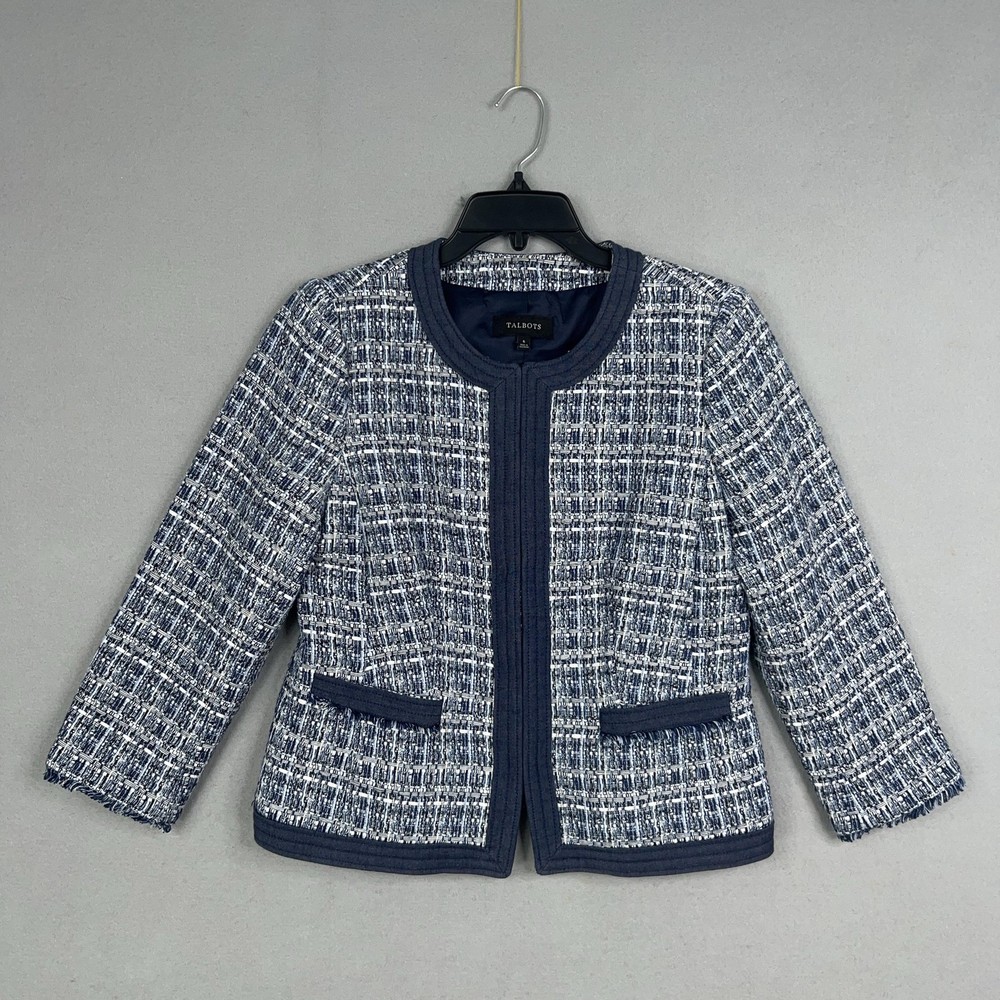 Talbots Jacket Womens 6 Blue White Tweed Open Front Lined Pockets Classic Chic