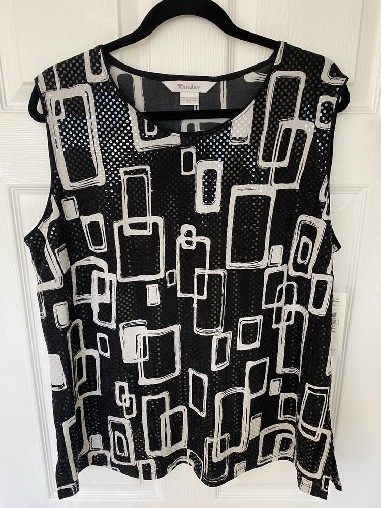 NWT Women TanJay Sleeveless Sequined Tank Top Black White Silver Plus Sz 2X  NWT