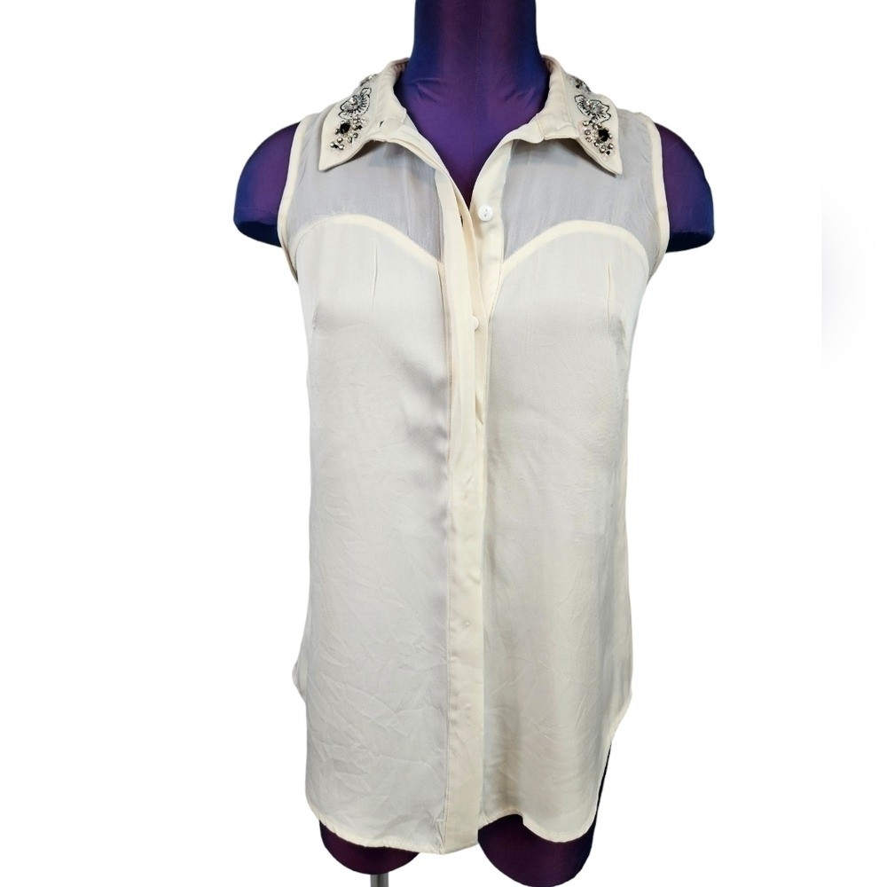 Milly Cream Silk Sleeveless Blouse with Jeweled Collar Size 0 Womens D64