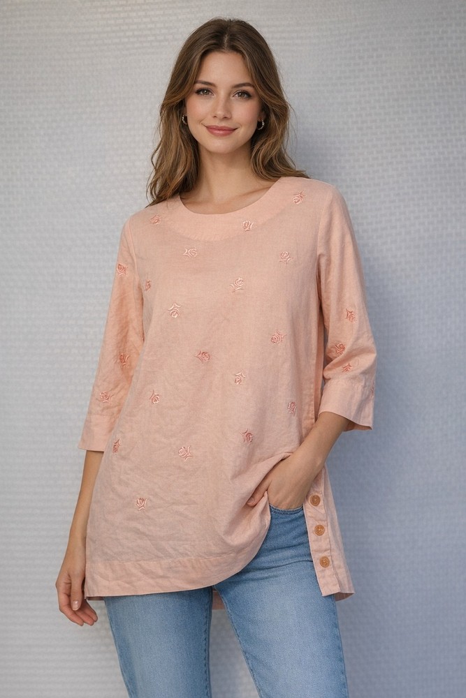 Denim & Co Womens Medium Peach Linen Blend Embroidered Rose Short Sleeve Blouse