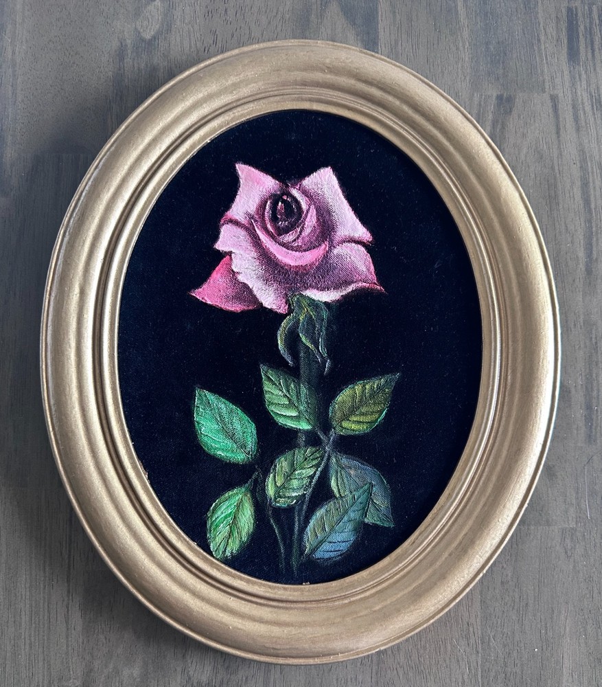 Vintage Pink Rose Black Velvet Painting in Gold Wood Frame