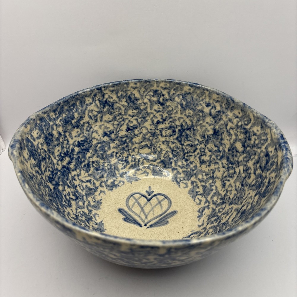 Pottery Bowl with Blue Spongeware and Heart Design ~Handled