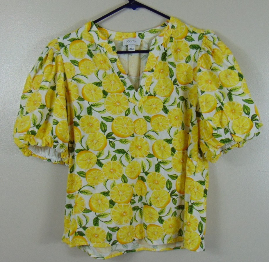 CeCe Top Womens Medium Lemon Print Puff Sleeve Linen Blend V-Neck Yellow Fruit