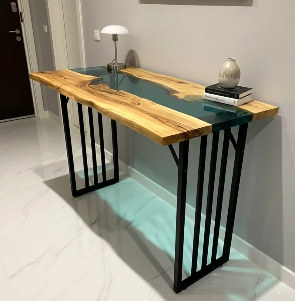 Handmade Live Edge Wood & Teal Epoxy Resin Console Table Top – Ocean River Style