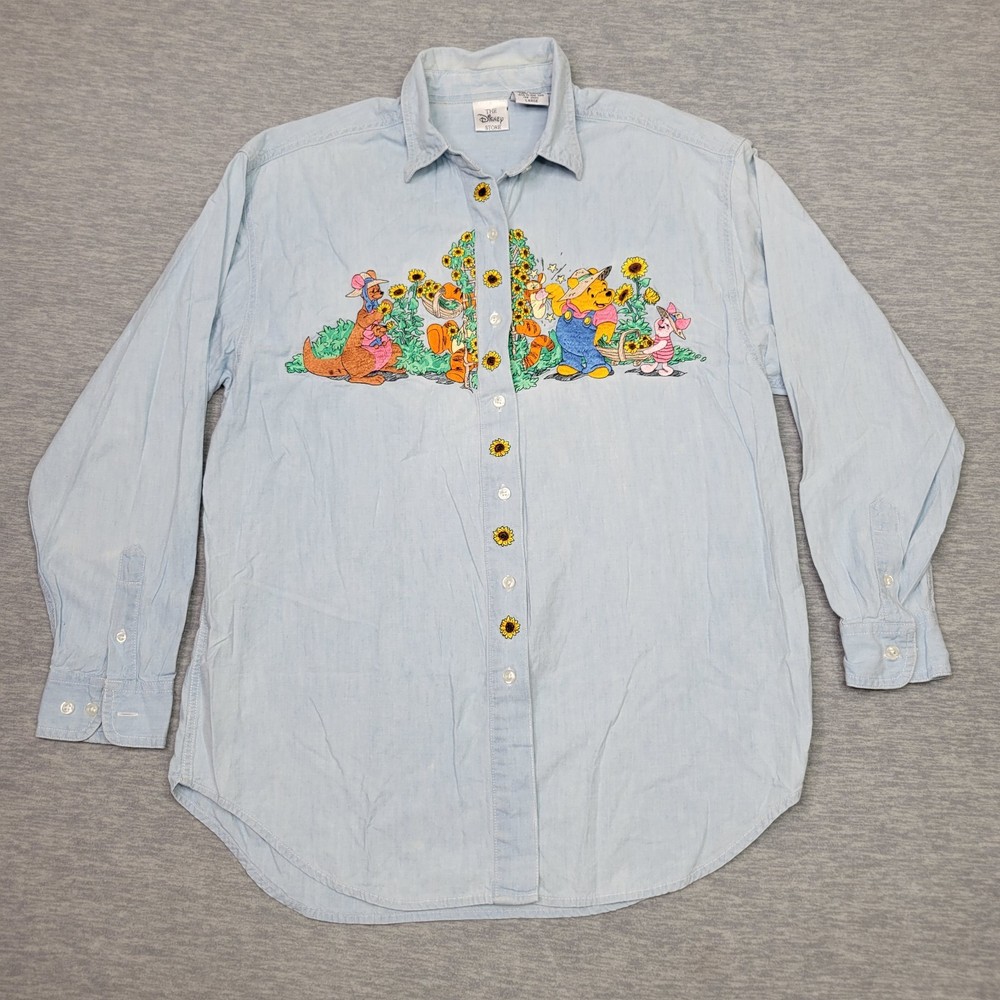 VTG Winnie The Pooh Chambray Shirt Women's Large Gardening Embroidered Disney