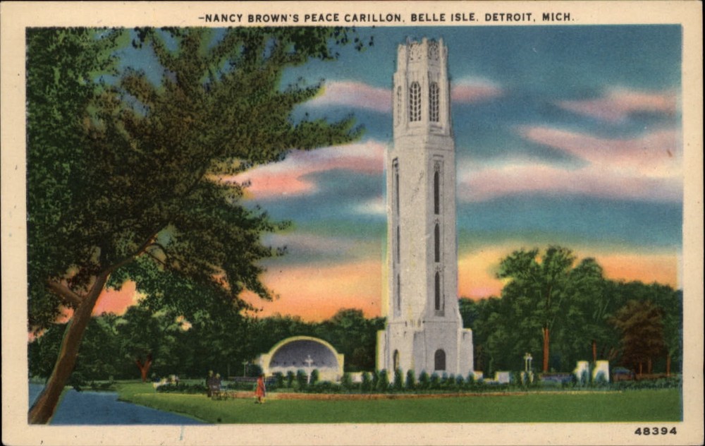 Detroit Michigan Belle Isle Nancy Brown's Peace Carillon unused linen postcard