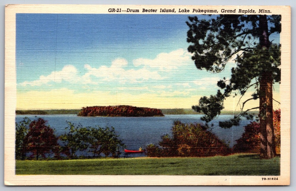 Grand Rapids Minnesota~Drum Beater Island @ Lake Pokegama~PM 1953~Linen Postcard