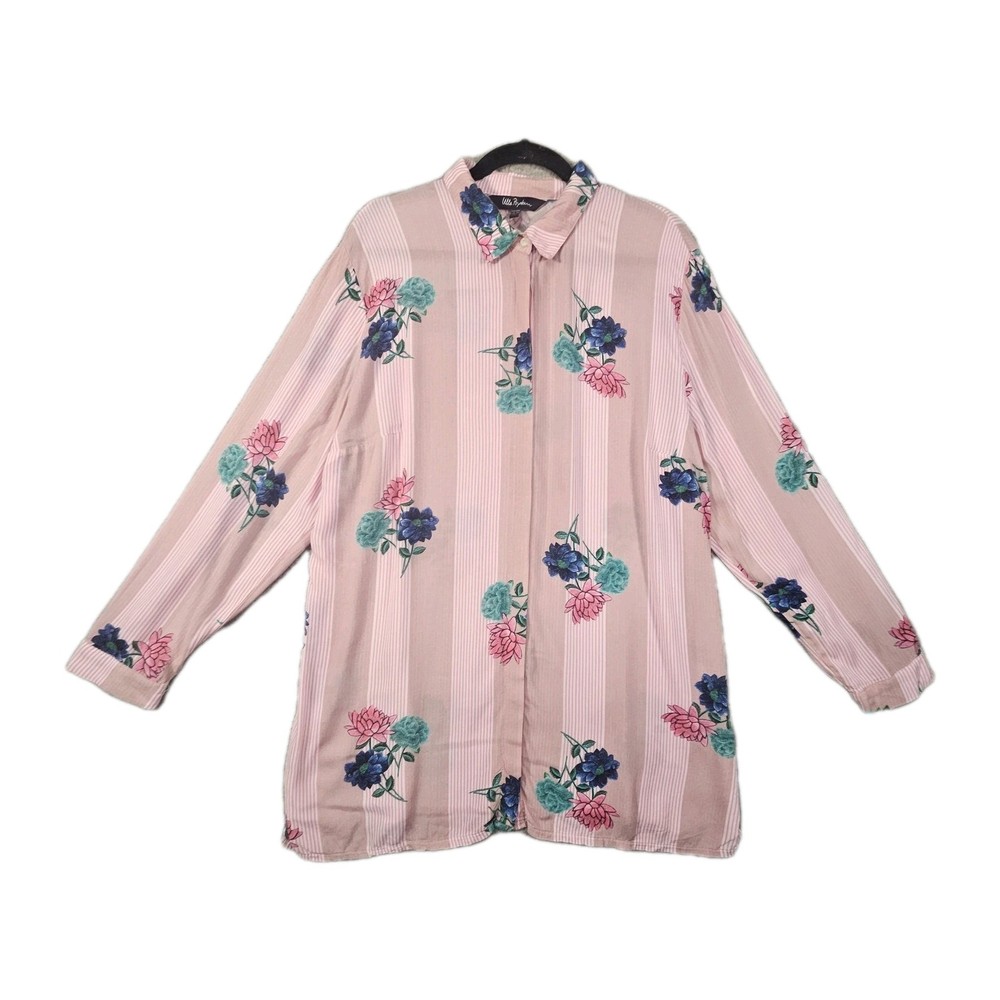 Ulla Popken Tunic Top Womens 16/18 Floral Striped Button Artsy Lagenlook Boho