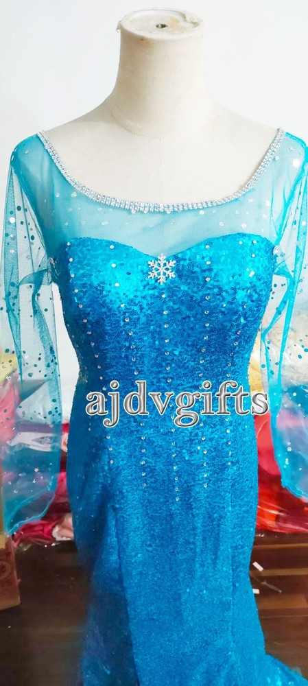 Elsa Blue Ice Princess Dress – Long Sleeve Sparkly Snowflake Cosplay Costume
