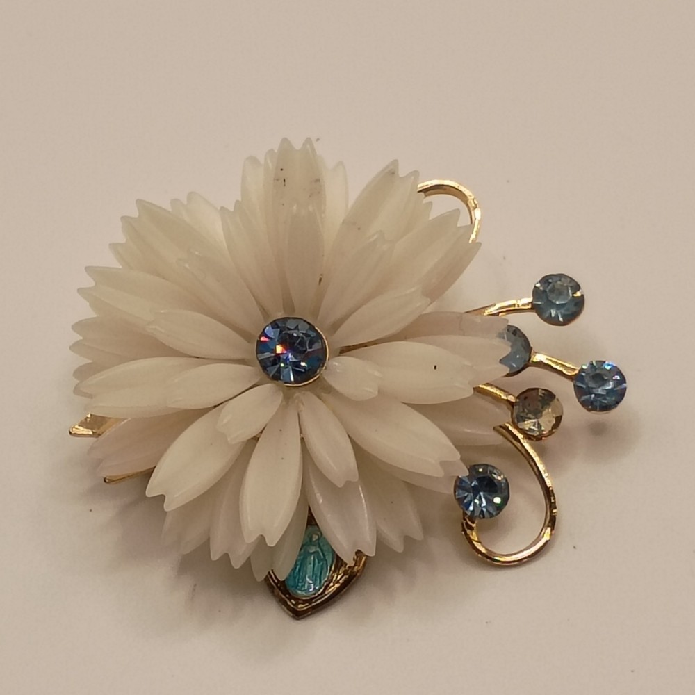 Vintage Celluloid Flower Brooch Rhinestone & Sterling Mary Charm Gold Tone READ